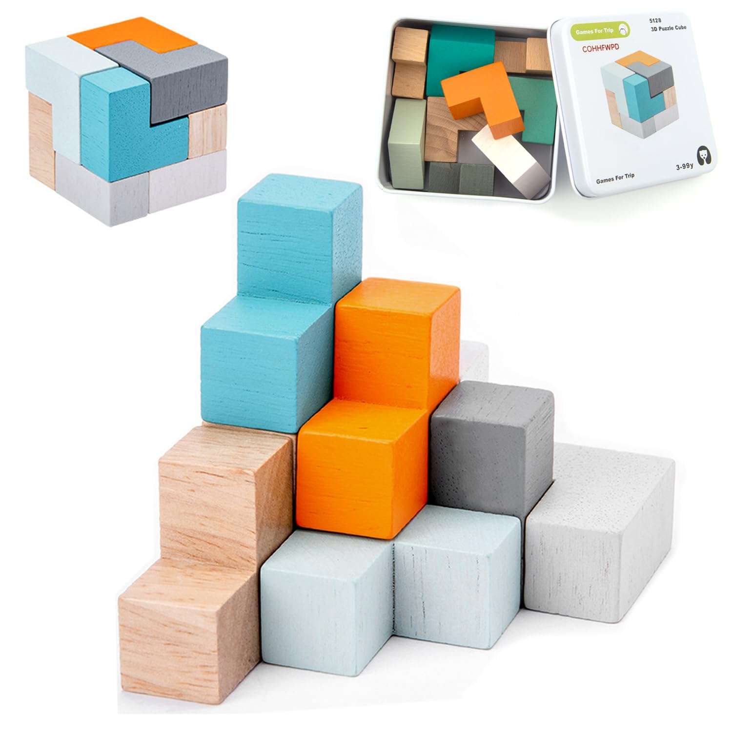 COHHFWPD Wooden Cube Puzzle, Mini Size Cube in Tin Case for Travel, Assembly and Disentanglement Cube Puzzle for Child Ages 6+ 1