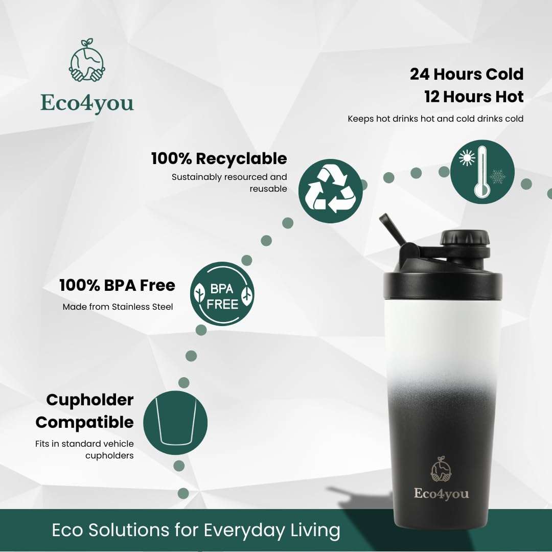 Eco4you Stainless Steel 2-in-1 Shaker/Infuser Bottle – Leak-Proof, Insulated 24-Hour Cold &12-Hour Hot Drinks, BPA-Free, 23oz | Odor Free, Noise Free Design Cup Holder Compatible - Black/White. 4