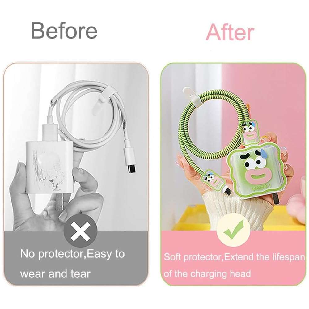 LALAPOPO Cute Wave Cable Protector Compatible for iPhone Charger Adapter with Green Funny Face Design,Data Line USB Cover Wire Cord Saver Lightning Cable Case for iPhone Charger 6