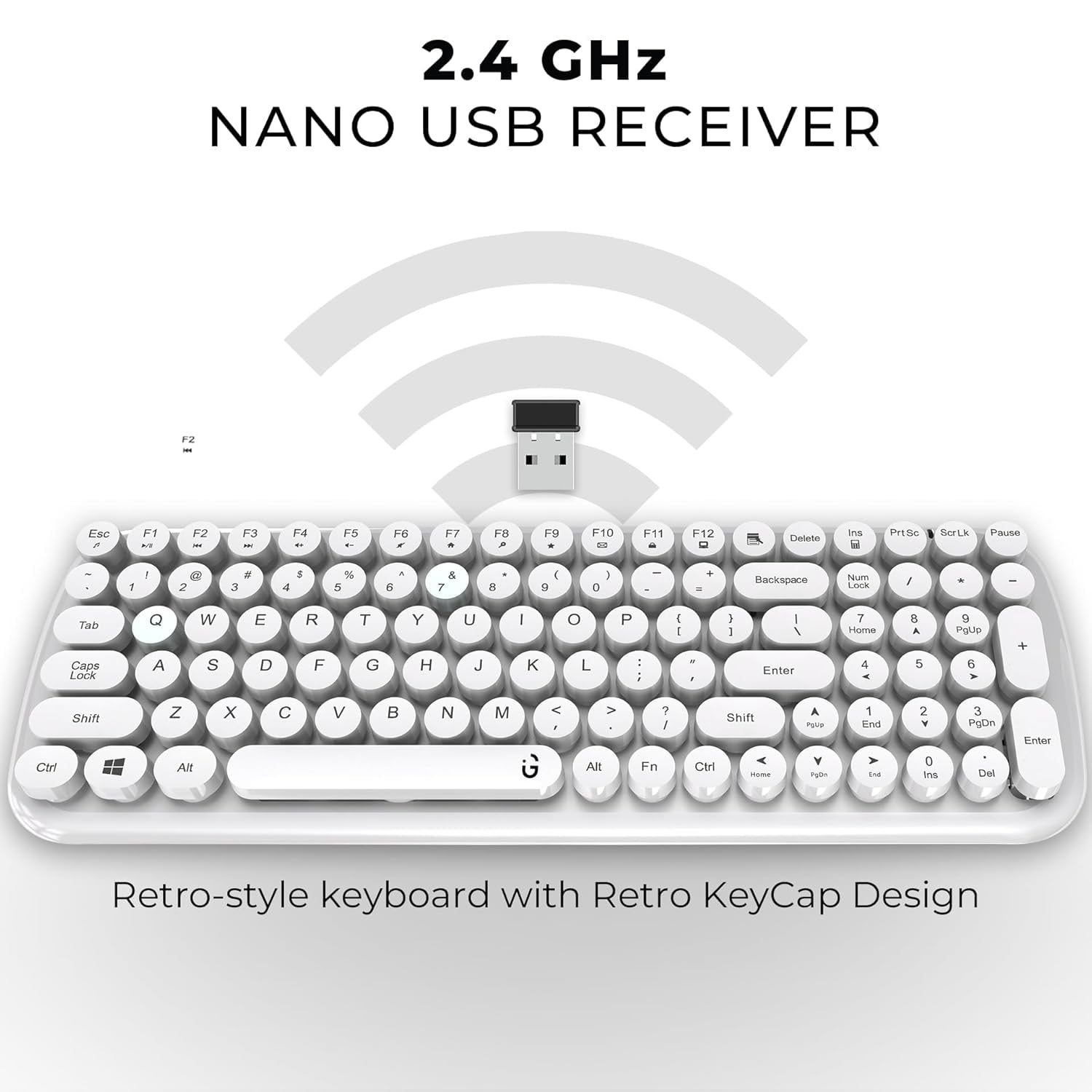 iGear KeyBee Retro Typewriter Inspired 2.4GHz Wireless Keyboard with Mouse Combo for Desktop/Laptop and Devices with USB Support, Single Nano Receiver, Round Keycaps, Cleaning Brush (White) (White) 4