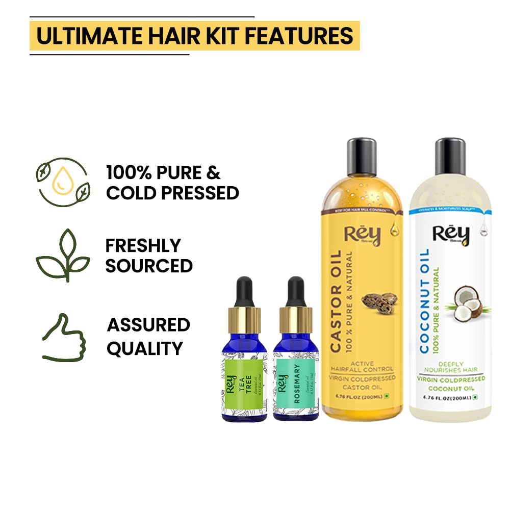 Rey Naturals Tea Tree Oil, Rosemary Oil, Coconut Oil, Castor Oil For Hair Growth, Dandruff & Hairfall Control, Acne, Dark Spots (15ml*2+200ml*2), Cold Pressed Oil For Skin & Hair Care, Herbal Hair Oil 6