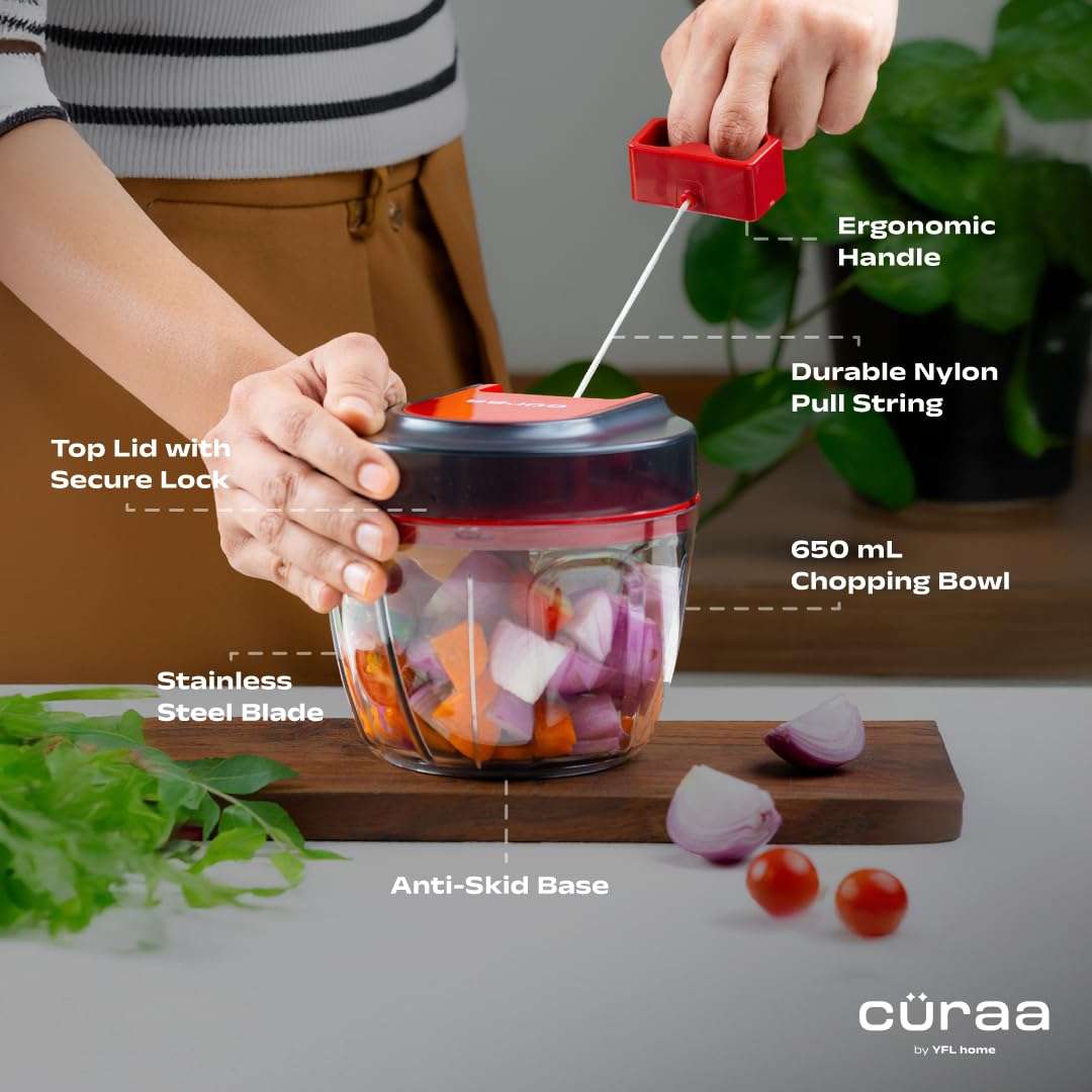 Cüraa ChopLab Lite Manual Chopper | 650 ml Portable Vegetable Chopper| Mini Chopper for Kitchen with Stainless Steel Blades for Chopping Onion, Ginger, Garlic, Vegetables, Herbs, Nuts | Red 6
