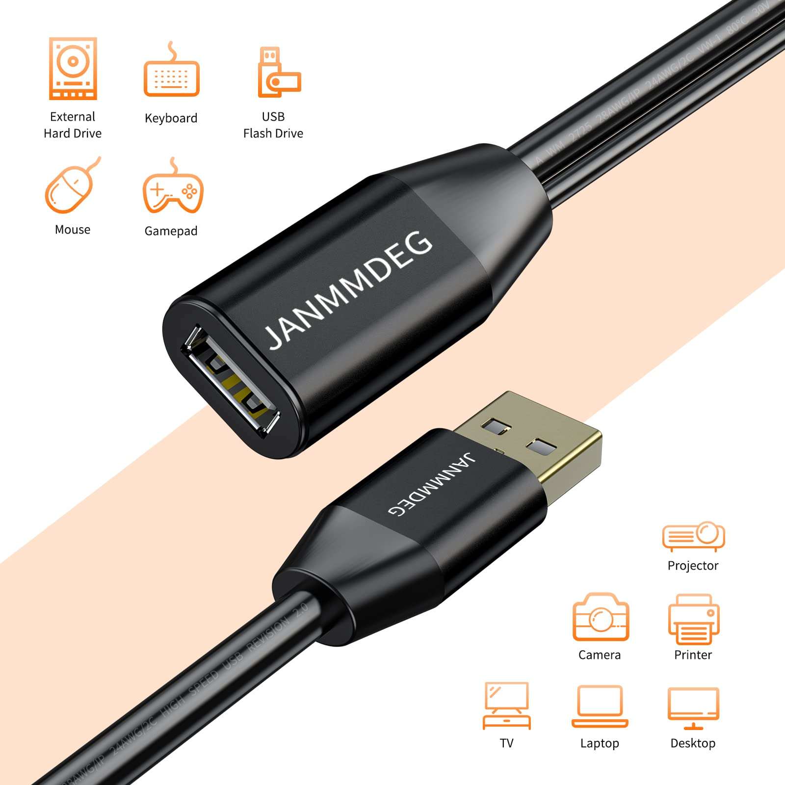 USB Extension Cable 80ft, JANMMDEG USB 2.0 Type A Male to Female Active USB Cable,with A Extension chipset Signal Booster - Active Extension/Repeater 5
