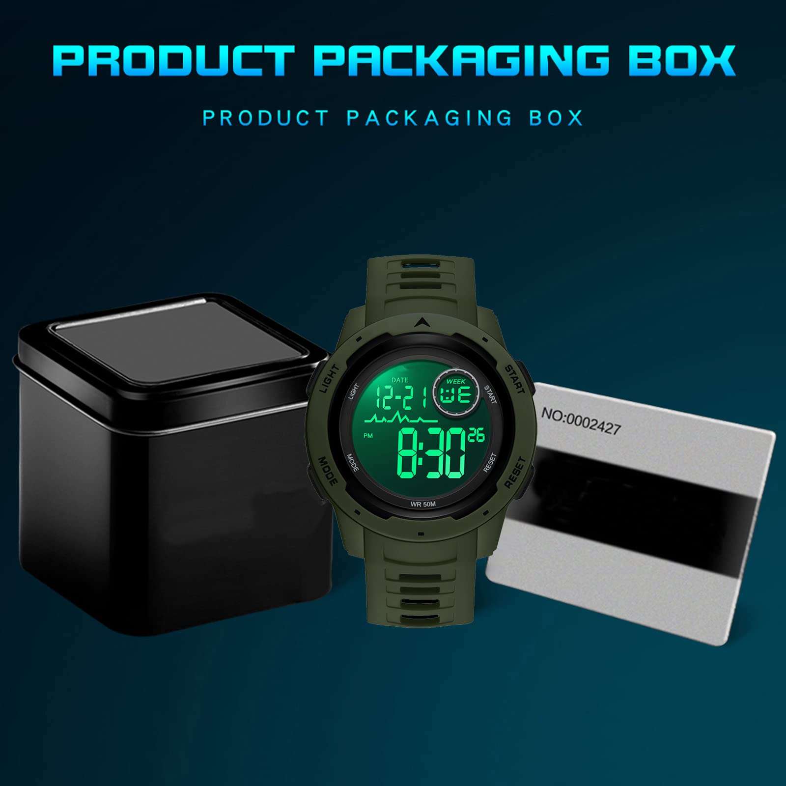 findtime Green Digital Watch Men Women Watches Running Swimming Waterproof Reloj para Hombre Mens Military Tactical Sports 5ATM LED Back Ligh/Alarm/Date/12/24H Stopwatch Outdoor Unisex 6