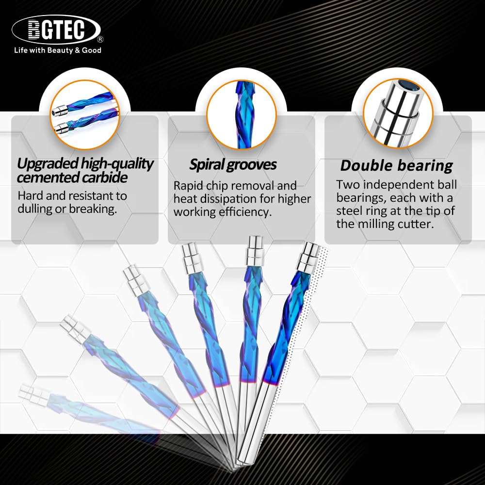 BGTEC Spiral Flush Trim Router Bits, 2pcs Up&Down Cut Spiral Bits, 1/4" Shank, 1-1/8" Cutting Length, Solid Carbide, Nano Coated for Woodworking Trimming 4
