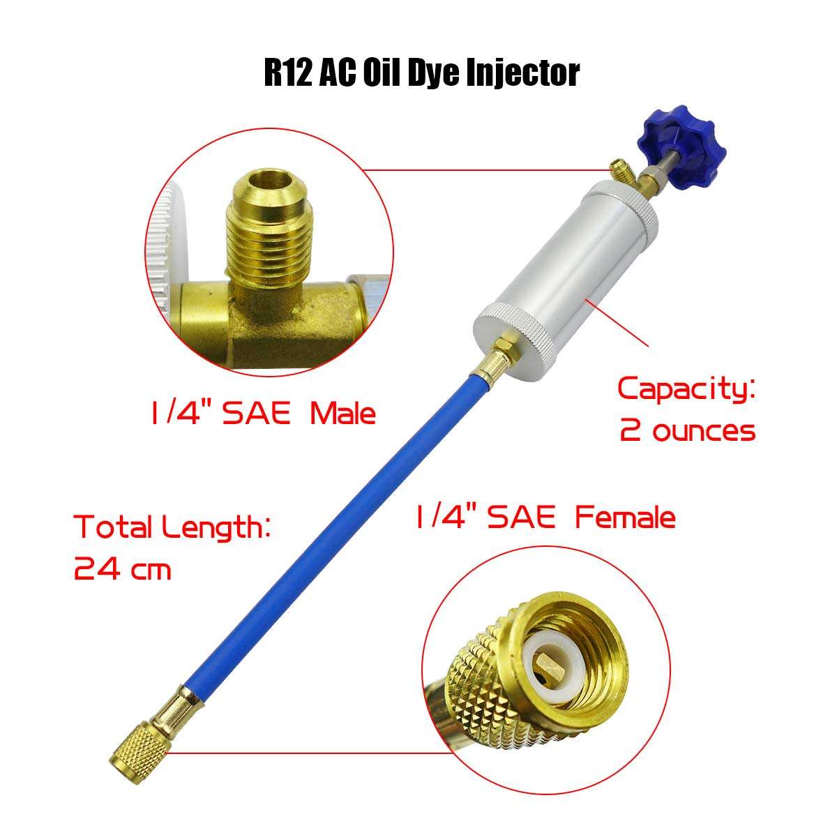 R12 AC Oil Dye Injector, R134A R12 2oz A/C Air Conditioning Injection Tool, Quick Coupler Refrigerant Oil and Dye Injector Tool, Female 1/4" SAE x Male 1/4" SAE Knob Type 3