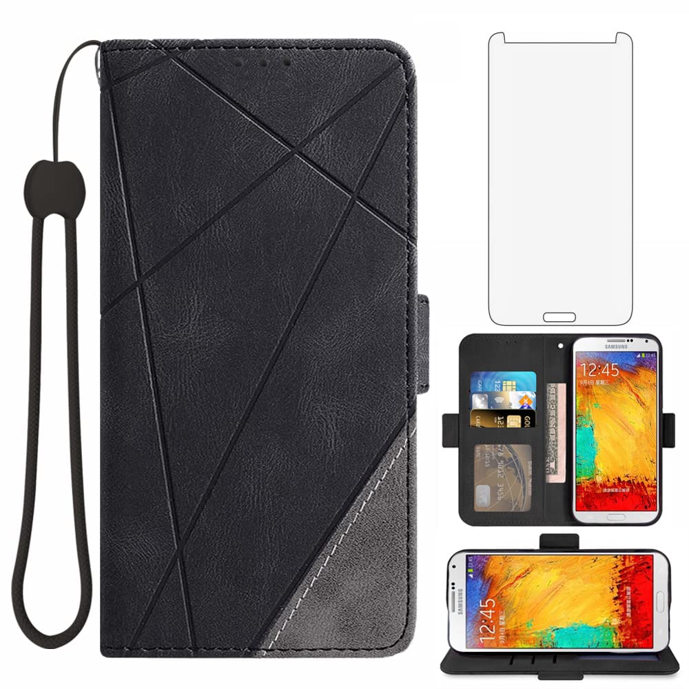 Asuwish Compatible with Samsung Galaxy Note 3 Wallet Case and Tempered Glass Screen Protector Leather Flip Cover Card Holder Stand Cell Accessories Phone Cases for Glaxay Note3 N9005 Women Men Black 1