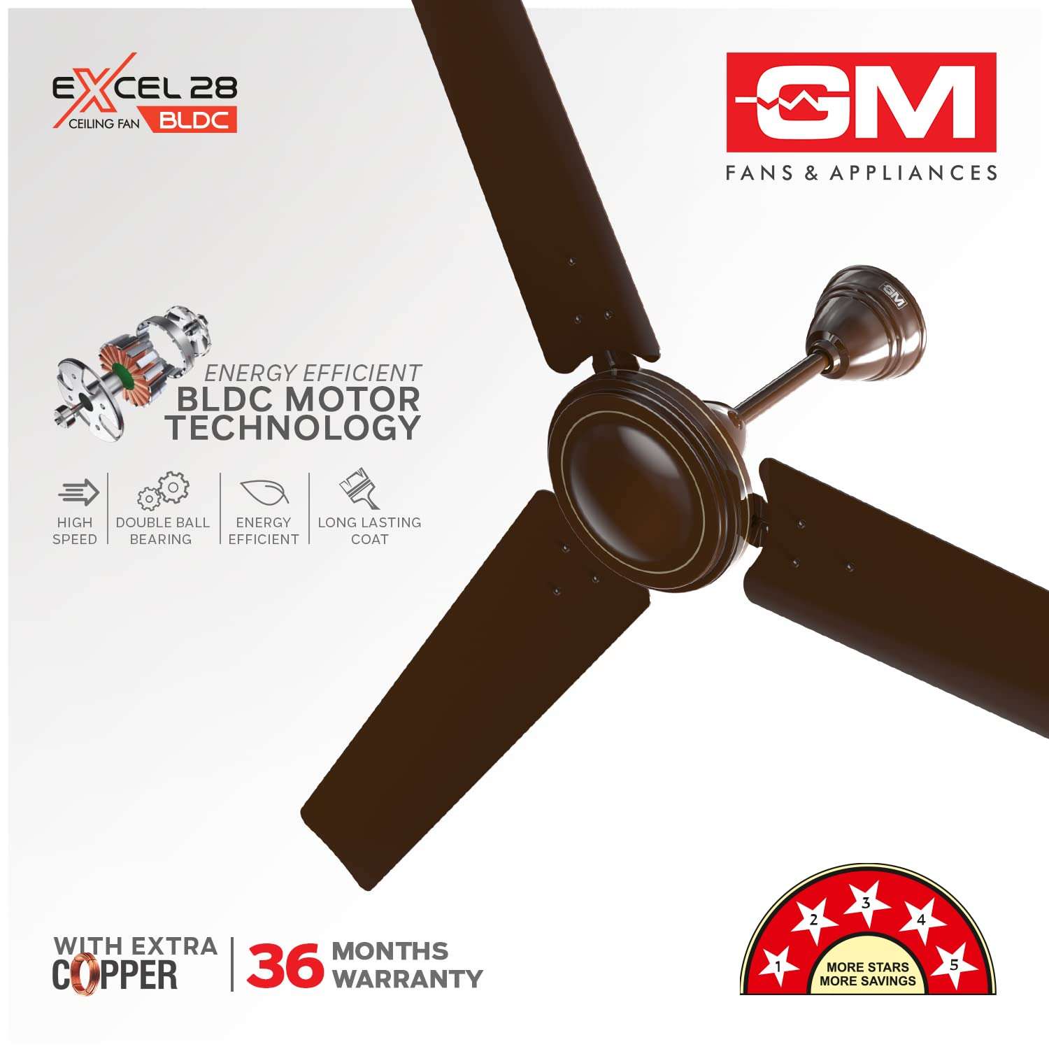 GM Excel28 Ceiling Fan Brown 1200 MM 355 RPM, 5 Star Rated, Energy efficient, BLDC Motor, Prelubricated Closed Type double ball bearing, Compatible with all regulators, Suitable for Living Room, Bedroom 5