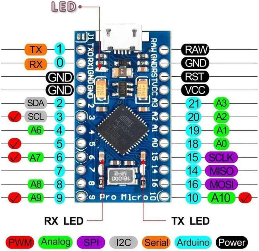 IDUINO Pro Micro 16MHz 5V with 2-Row Pins Header Module Board ATmega32U4 Module Board Micro USB Pro Micro Development Board Microcontroller 6