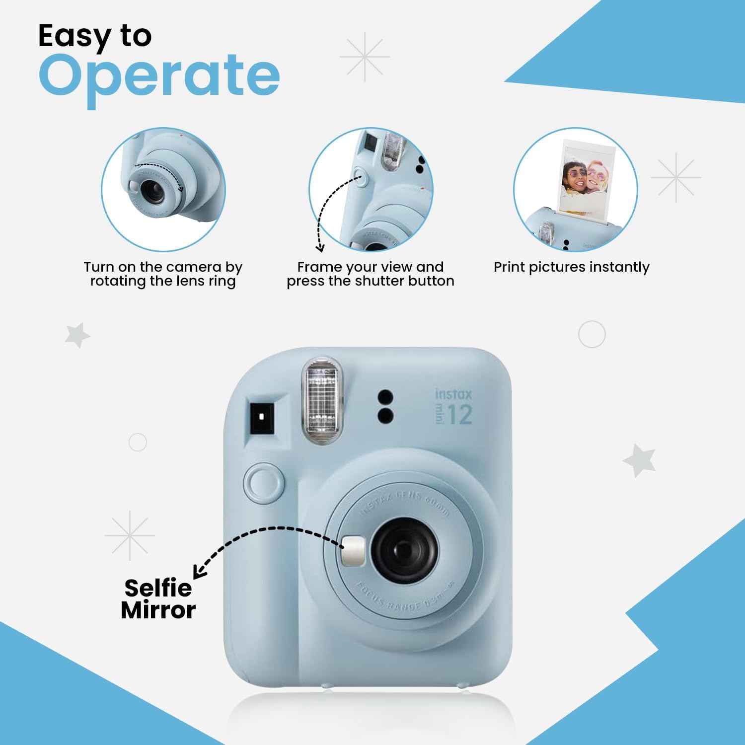 Fujifilm Instax Mini 12 Instant Camera Bundle - Includes 20 Shots Film, Custom Case, Deluxe 60-Pocket Photo Album & BluebirdSales Accessories - Auto Exposure, Selfie Mirror, Pastel Blue 4