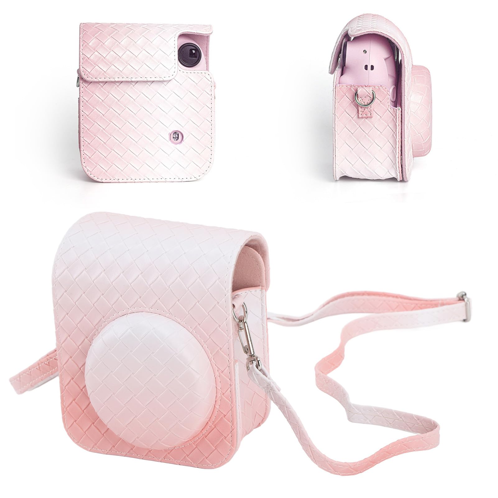 Case for Fujifilm Instax Mini 12, Rainbow Gradient Woven Texture Camera Bag with Shoulder Strap, Rain Proof Shockproof PU Leather Camera Protective Case, Gifts for Girls (Pink) 6