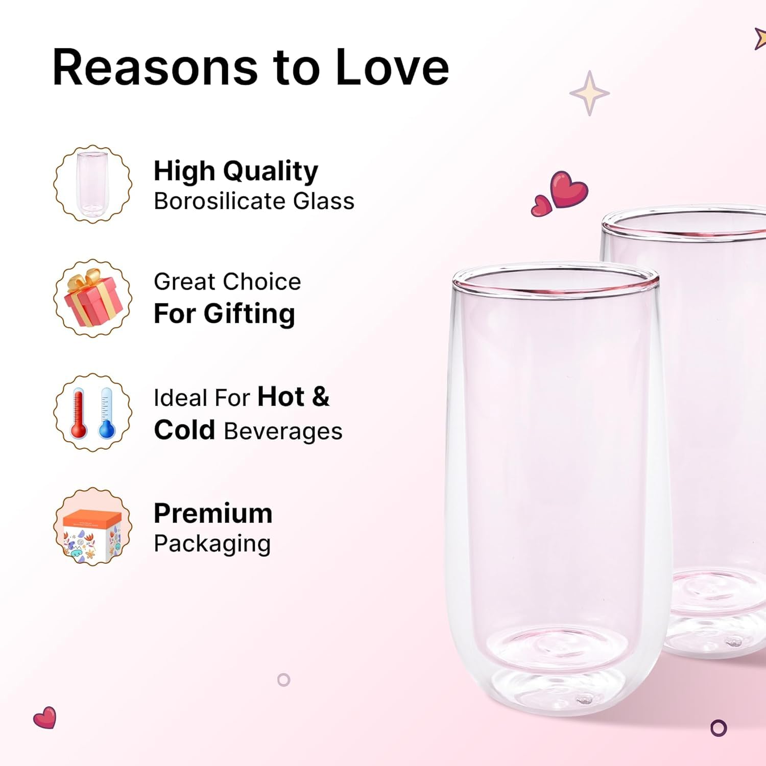 Heart Home 2 Pcs Double Walled Borosilicate Glass | High Thermal Resistance | Microwave & Dishwasher Safe | 240 ML | Pack of 1 | Pink 4