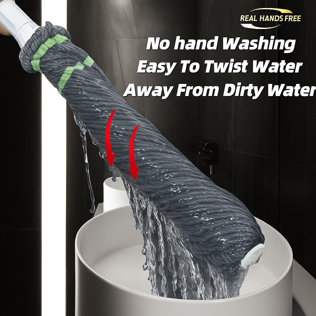 Self-Wringing Microfibre Twist Mop with Stainless Steel Handle, Grey and Green, Hands-Free Cleaning 4