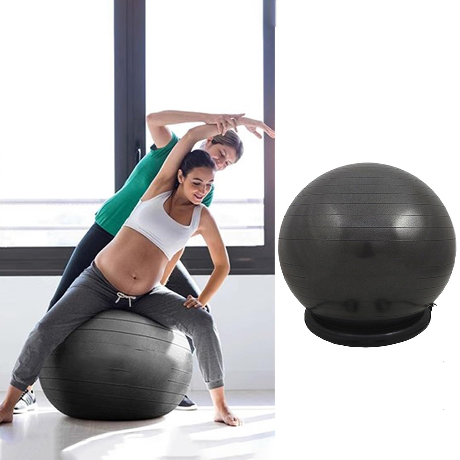 NUNETH Pregnancy Ball Balance Ball Support Chair Kit, PVC Burst Proof Exercise Ball with Ball Base Pump and Resistance Bands, Yoga Pilates Fitness Ball (Color : Black, Size : 55cm (Height 150-160cm))