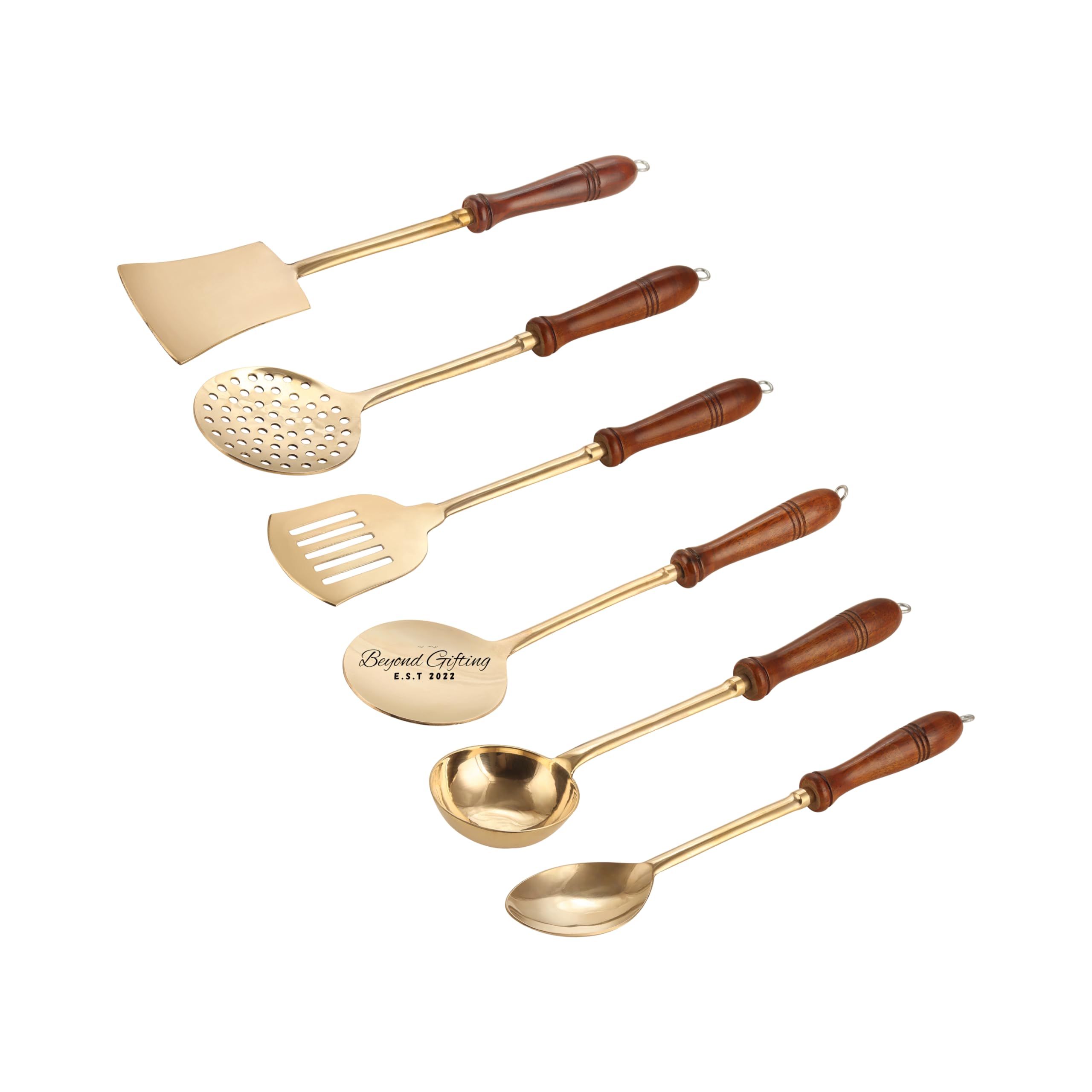 Beyond Gifting Premium Brass Kitchen Utensils Set of 6 with Wooden Handle Cooking Spoon Set Brass Serving Gold Spoon Set of 6 Pital Cooking Spoon, Salad Spoon, Flip Spatula, Ladle, Skimmer 1