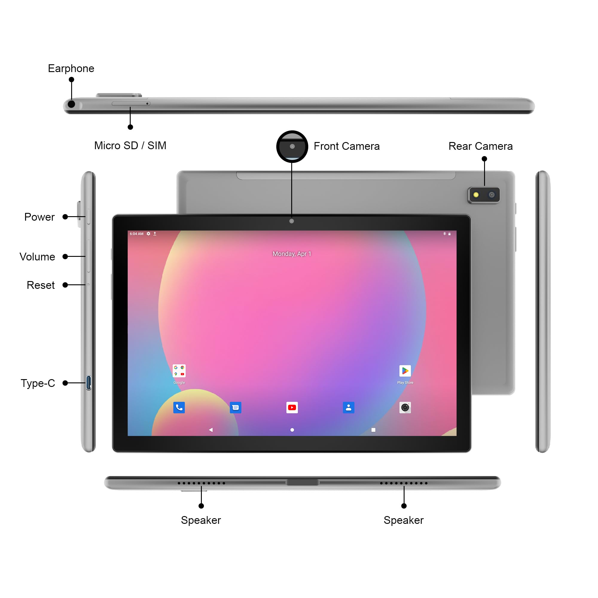 DOMO Slate SLP9 4G Tablet PC, 6765 10.1-Inch LCD, 4GB RAM, 64GB Storage, Glass Touch Screen, Volte, Dual SIM Slots, Octa Core CPU, GPS, Bluetooth (Grey) 4
