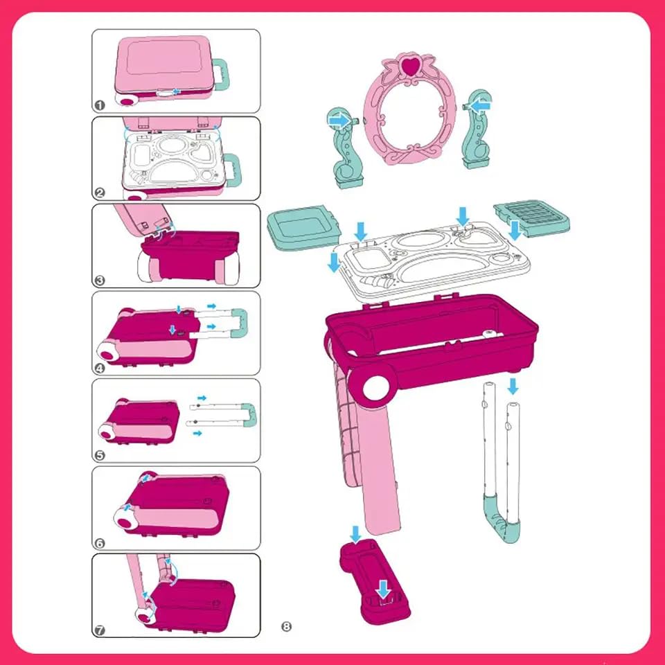 Royaldeals Toys Beauty Royaldealseup Kit for Doll Girls Cosmetic Set 2 in 1 Vanity Table Portable Royaldeals Pretend Play Set Toy with Royaldealse up Accessories for Kids Plastic (Pink) 21 Pieces 5