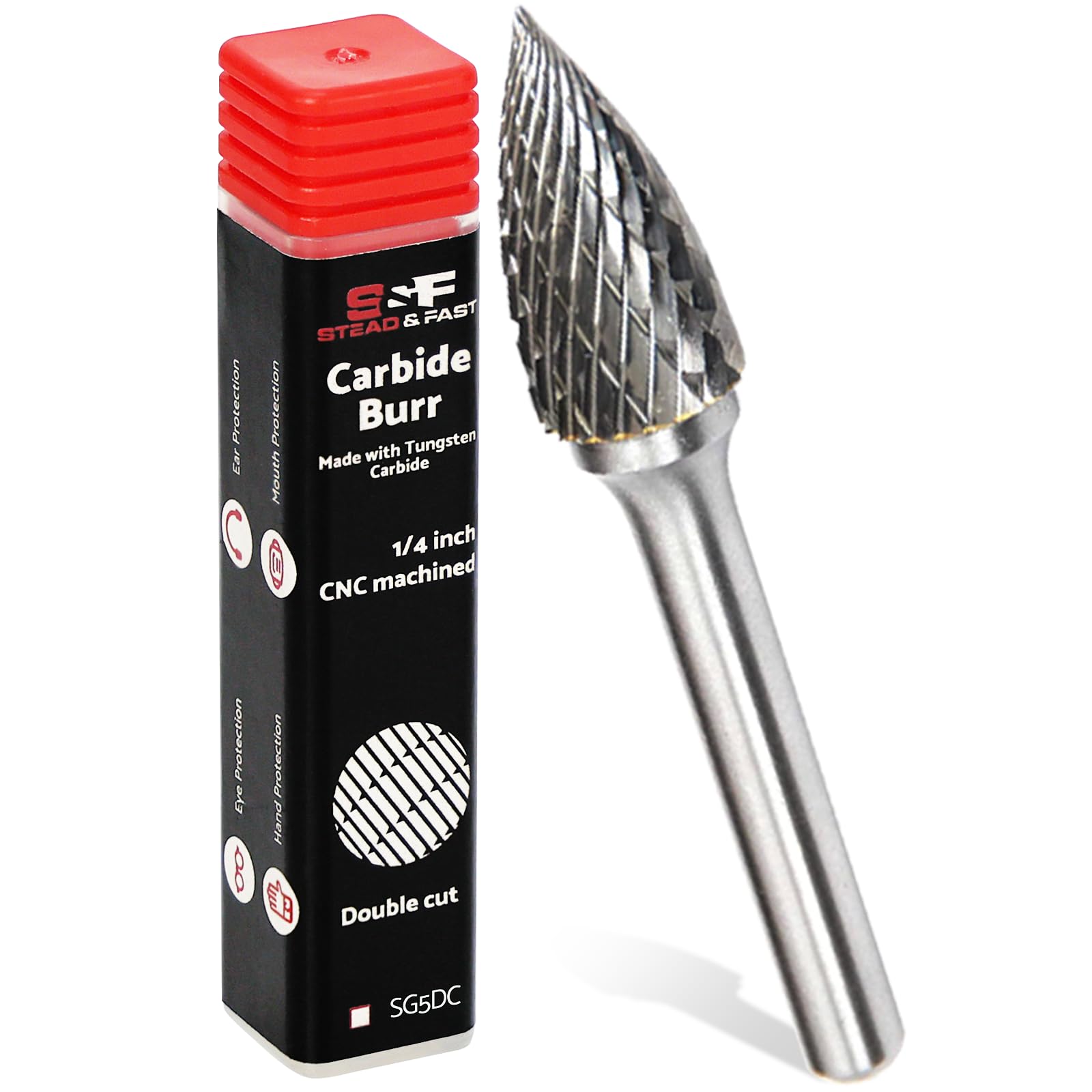S&F STEAD & FAST Carbide Burr with 1/4” Shank 1/2” Cutter Dia 1” Length, Professional Grade Tungsten File, Die Grinder Bit for Metals, Rotary File Tree Pointed Shape, Grinding Burr bit 1