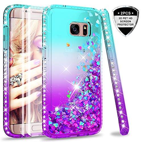 LeYi Compatible with Galaxy S7 Edge Case (Not Fit S7) with 3D Pet Screen Protector[2PCS] for Girls Women, Glitter Shiny Diamond Clear Phone Case for Samsung Galaxy S7 Edge, Teal/Purple 1