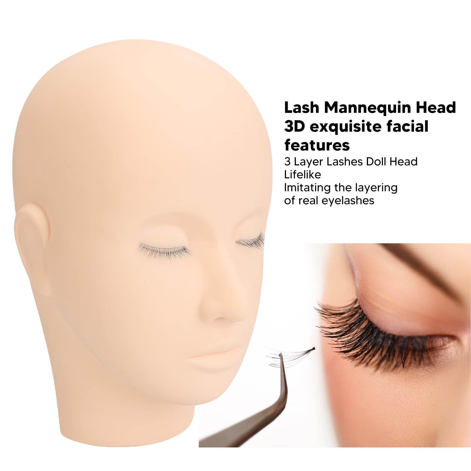 3D Simulated Face Eyelash Extension Mannequin Head, 3 Layer Lashes, Silicone Practice Training Doll Head for Makeup Beauty, Massage and More () 4