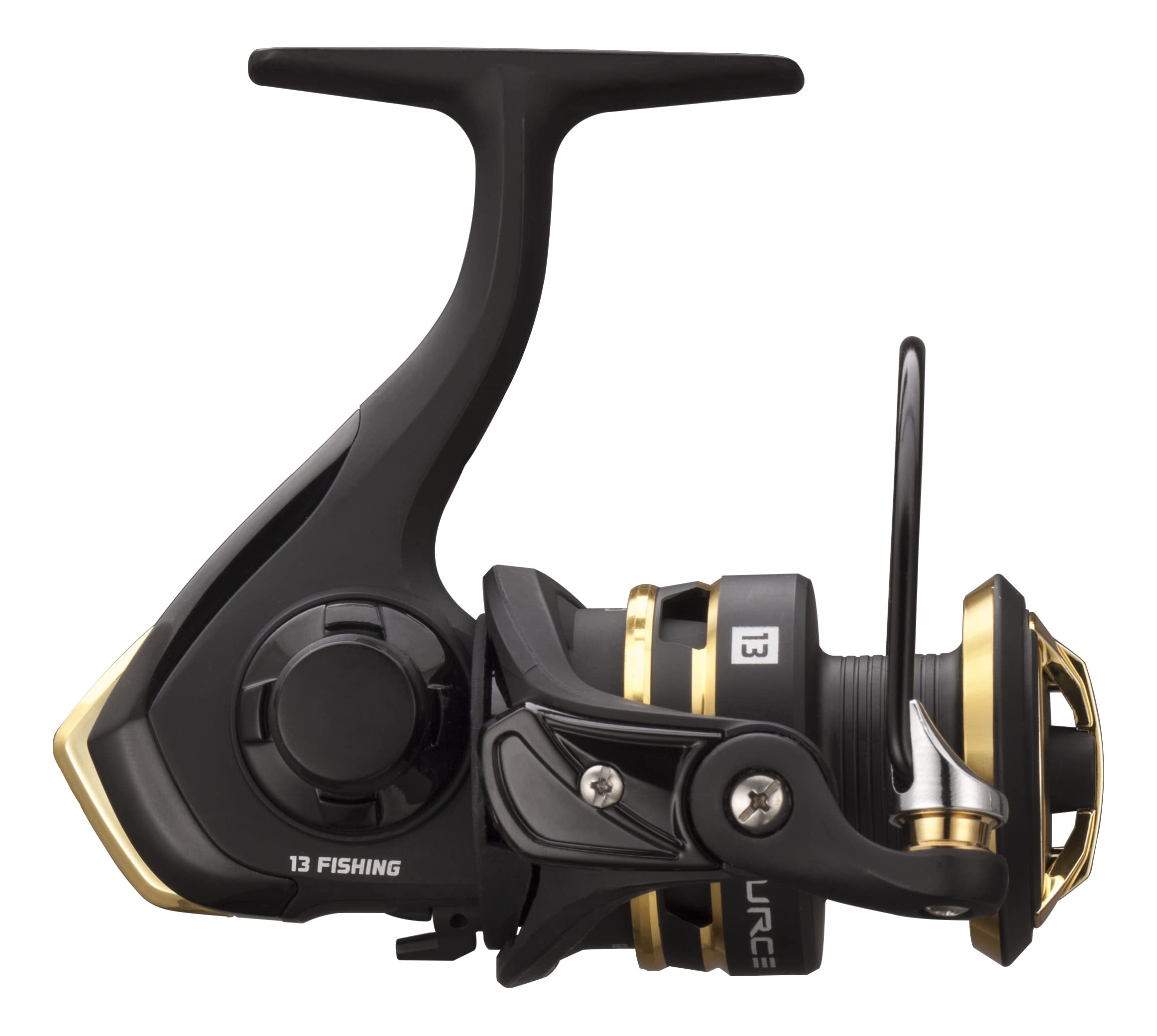 13 FISHING - Source R Spinning Reel - 5.2:1 Gear Ratio - 4.0 Size (Fresh) - SORR-5.2-4.0-CP,Black/Gold 5