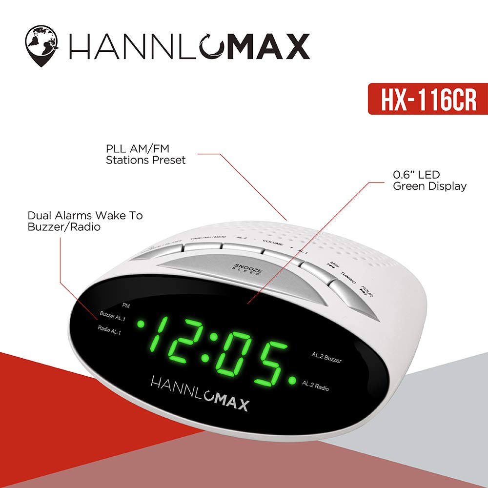 HANNLOMAX HX-116CR Alarm Clock Radio, PLL AM/FM Radio, Dual Alarm, 0.6" Green LED Display (White) 2