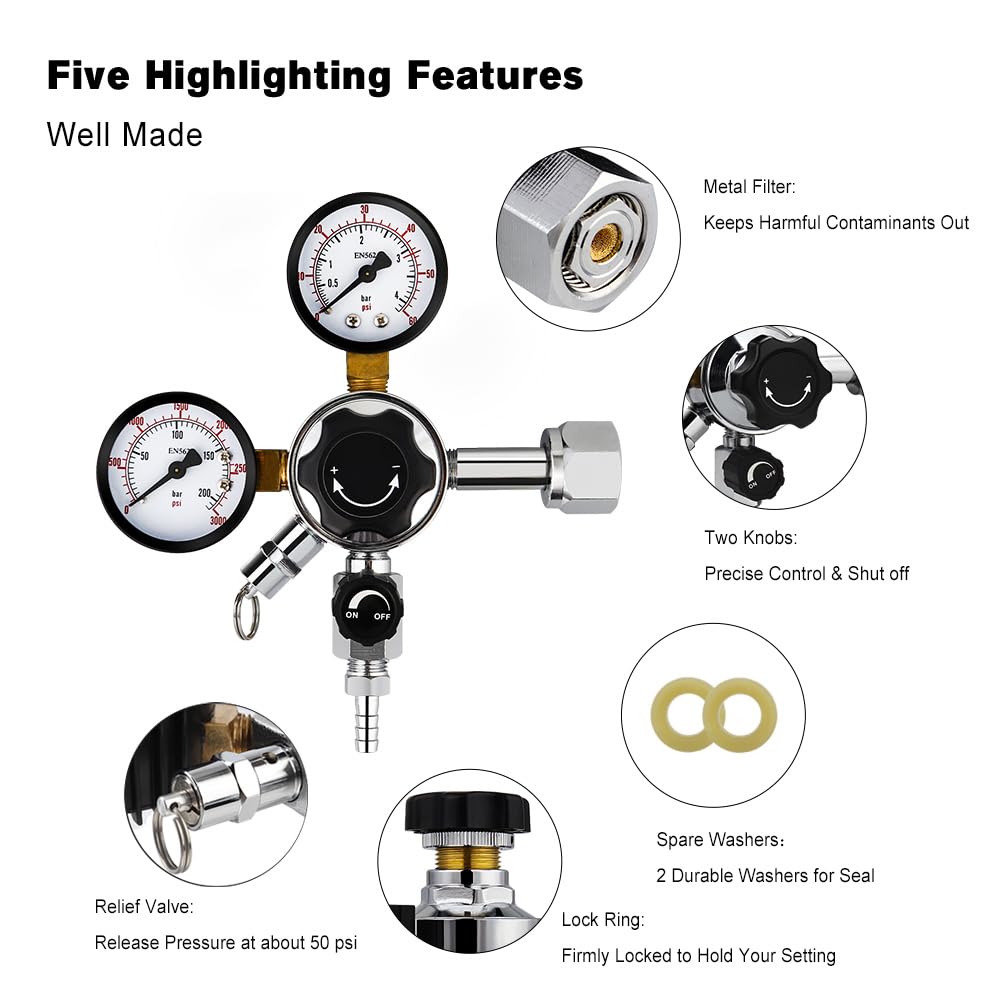 FERRODAY Dual Gauge CO2 Draft Beer Regulator Dual Stage Pressure Regulator CGA-320 CO2 Tank Beer Kegerator Regulator with Relief Valve Beer Keg Pressure Regulator for Homebrew 0-60 PSI 0-3000PSI 4
