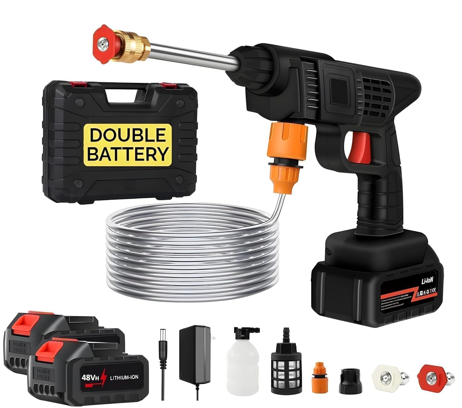 DADLM® (Double Battery) Cordless Portable Wireless Pressure Washer Gun 48V 12000mAh High Pressure Water Gun for Car Wash and Bikes Cleaning with Adjustable Nozzles and 5M Hose Pipe (Car Washer Gun) 1
