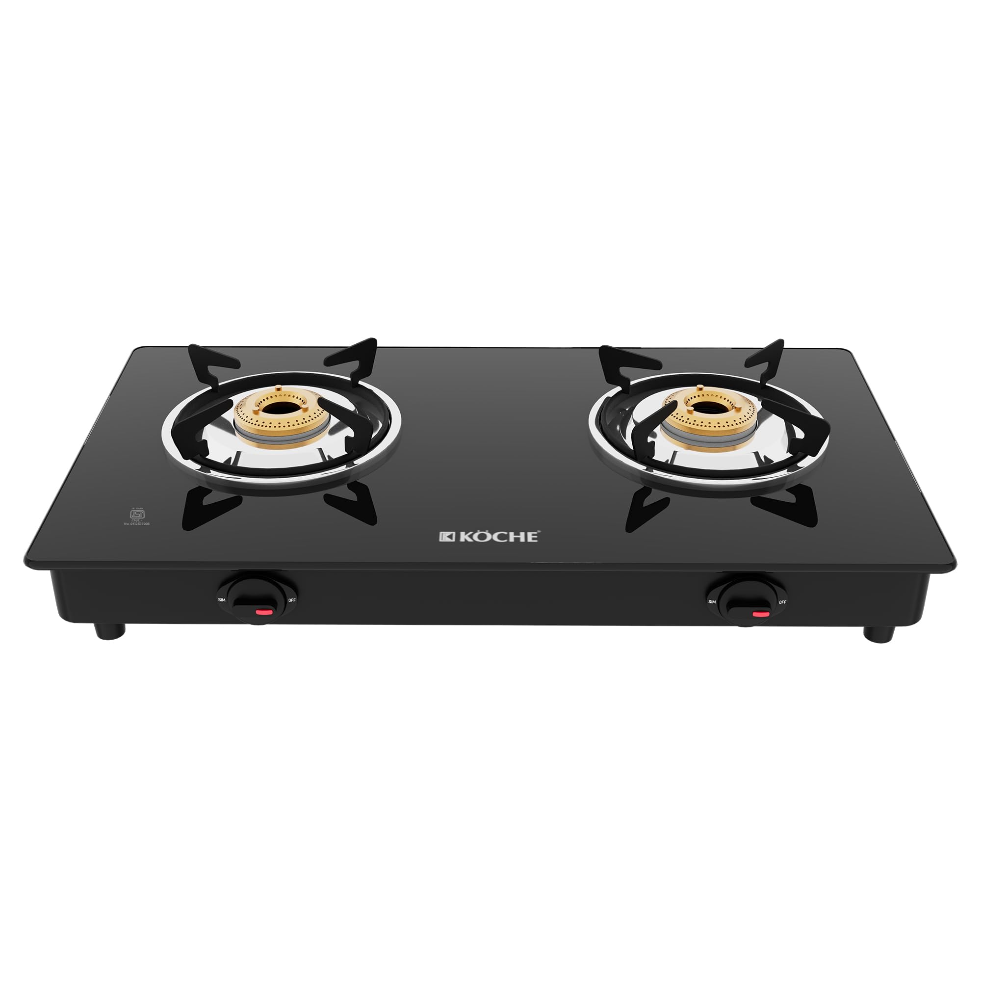 KOCHE Spartek 2B Gas Cooktop | 2 Burner Gas Stove with Toughened Glass Top | High-Power Indian Brass Burners | 360° Revolving Gas Nozzle | Steel Powder-Coated Body | 2-Year Warranty