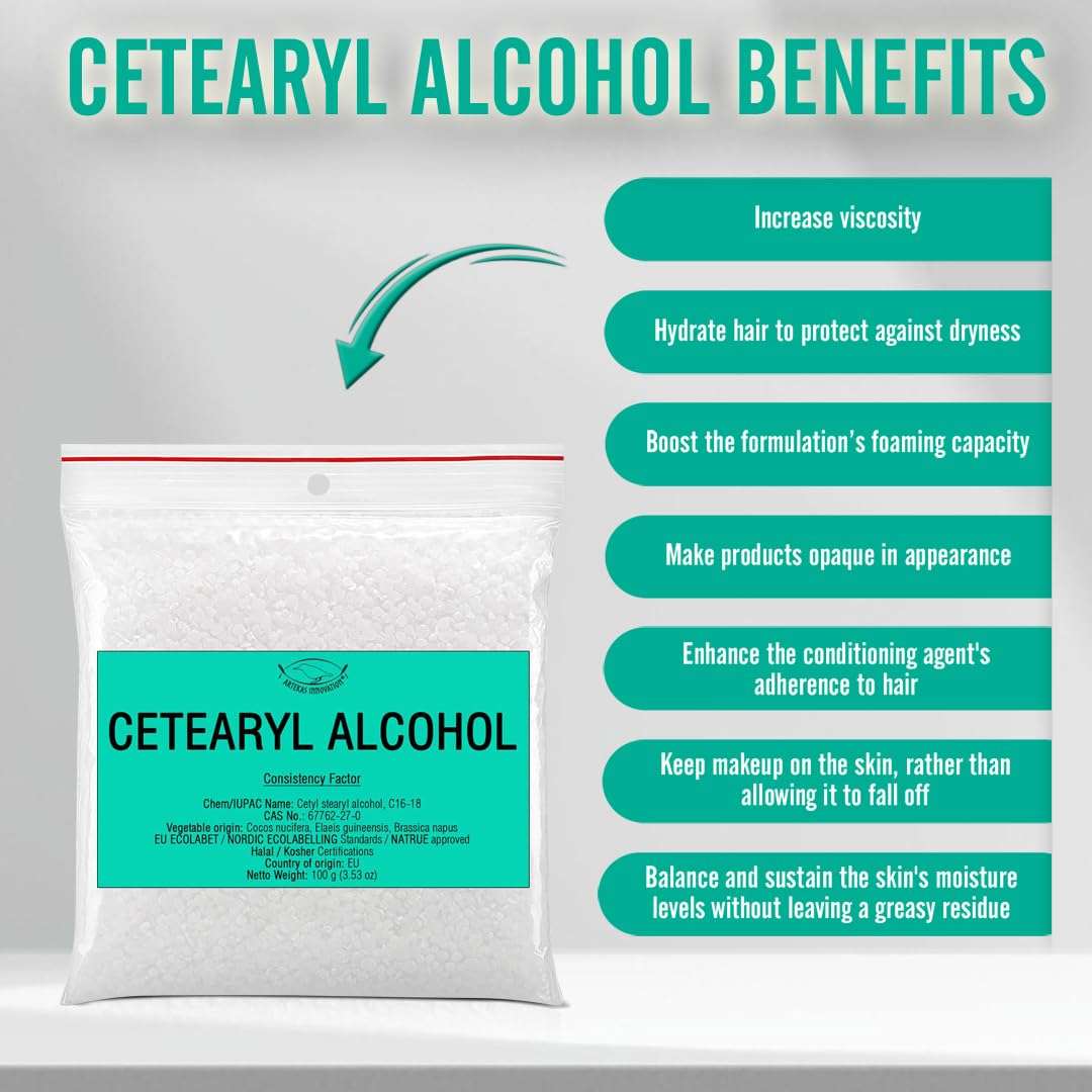 Artekas Innovation - Cetearyl Alcohol - for Homemade Cosmetics, Lipsticks, Body Butter Bars, Hand Lotions, Hair Conditioners, Shampoo – Thickening Agent, Emulsifier, Viscosity Regulator - 7.06 oz 3