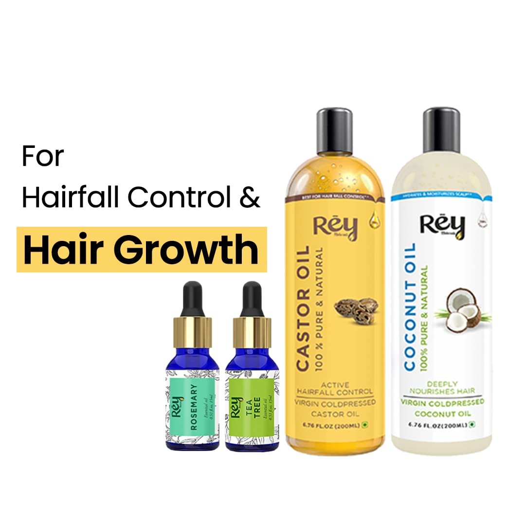 Rey Naturals Tea Tree Oil, Rosemary Oil, Coconut Oil, Castor Oil For Hair Growth, Dandruff & Hairfall Control, Acne, Dark Spots (15ml*2+200ml*2), Cold Pressed Oil For Skin & Hair Care, Herbal Hair Oil 3
