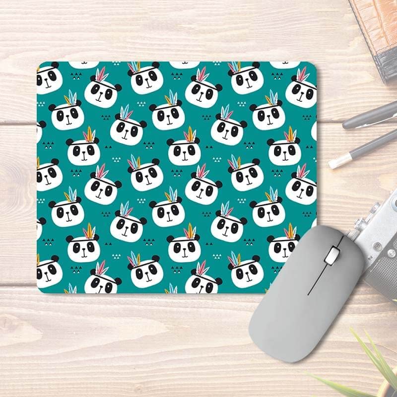 Tribal Panda Happy Cute Face Teal Blue Pattern Printed Mouse Pad 1