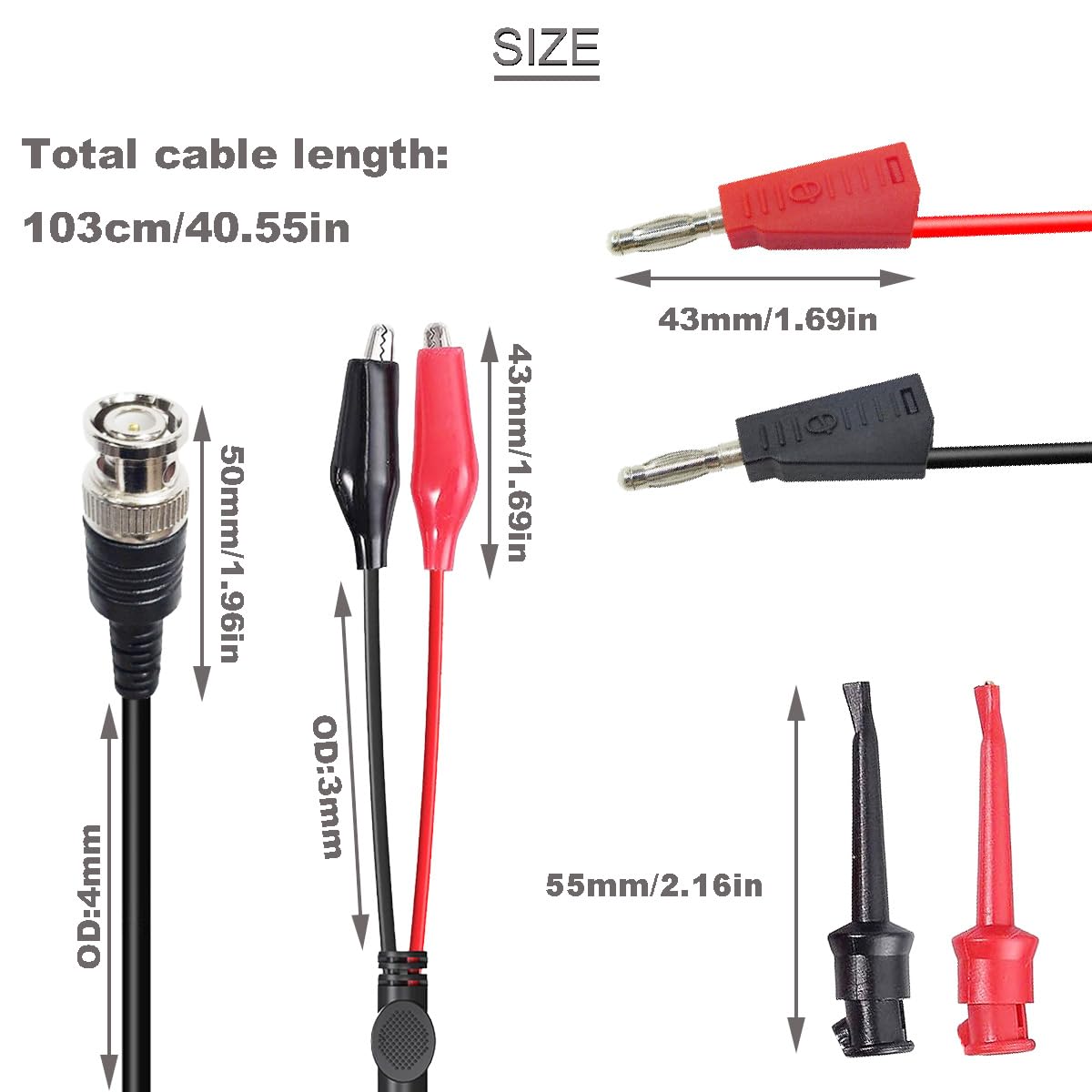 DKARDU 3 pcs BNC Test Leads Set Oscilloscope Probes BNC to Alligator Clips/Dual Stackable Banana Male Plug/Test Hook Clips Lead Cable,with BNC Male Plug to 2X Connector 4