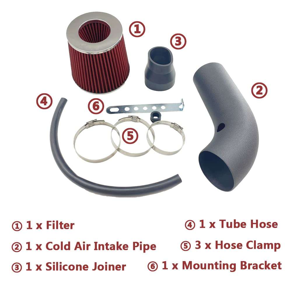 3" Universal Cold Air Intake Kit Intake Pipe Kit Aluminium Automotive Air Intake Air Filter Induction Flow Hose Pipe Kit Red Filter 4