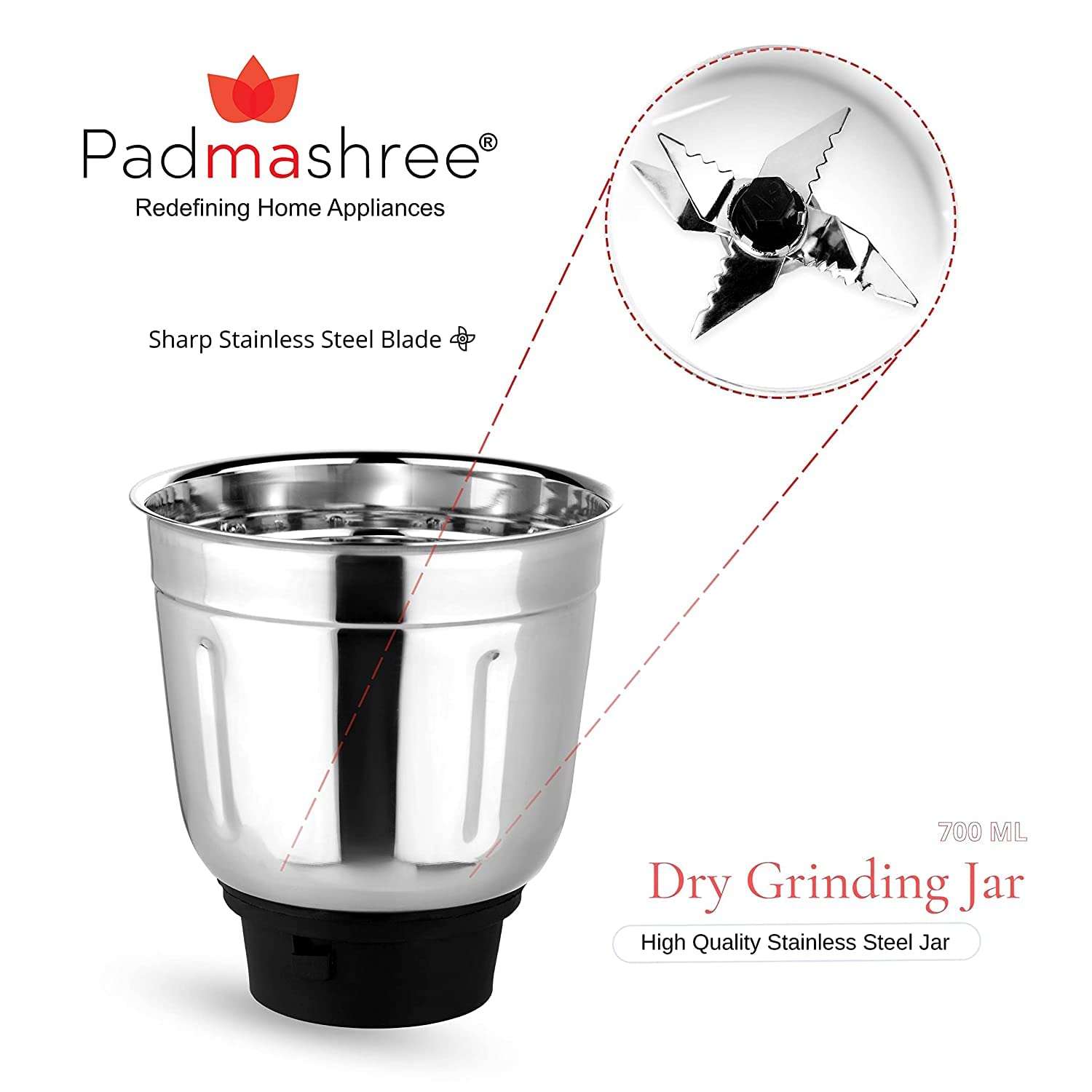 Padmashree Mixer Grinder Jar Set of 3 | Stainless Steel Jar for Mixer | 1 Chutney Jar, 1 Medium Jar, 1 Large Jar | Mixer Juicer Jar / 100 ml 6