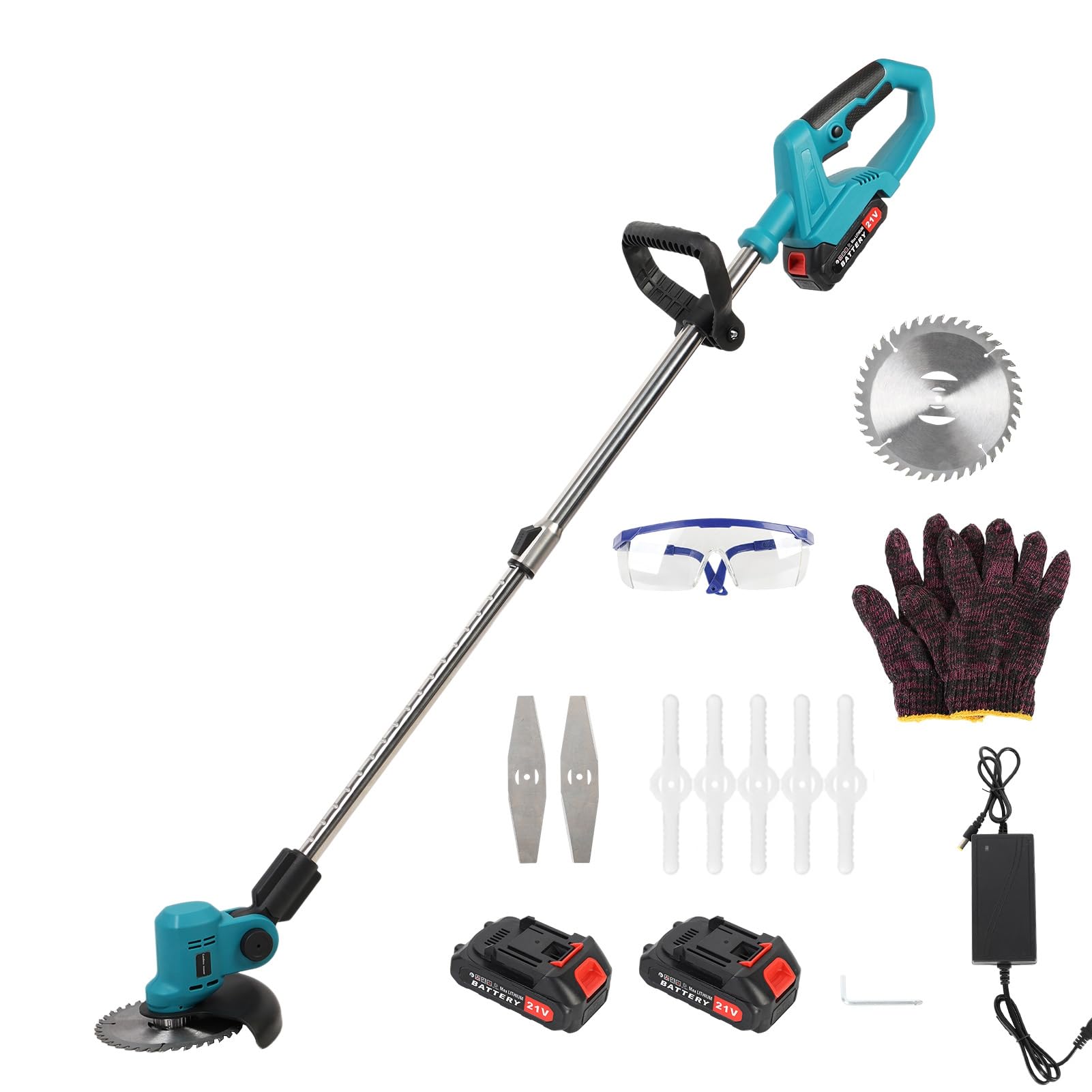 Cordless Electric Weed Eater Brush Cutter, Adjustable Telescopic Grass Trimmer with 980W Copper Motor, 2x21V Batteries & 3 Blade Types, for Courtyards & Shrubs Green 1