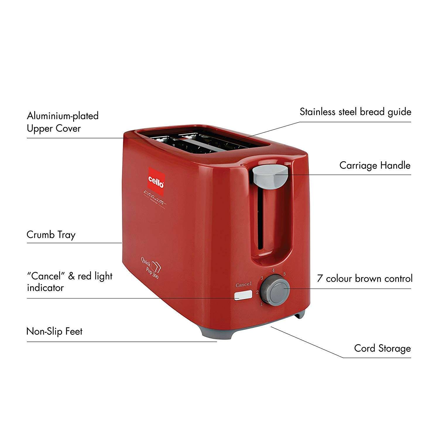 Cello Quick 2 Slice Pop Up 300 Toaster (Red) 4