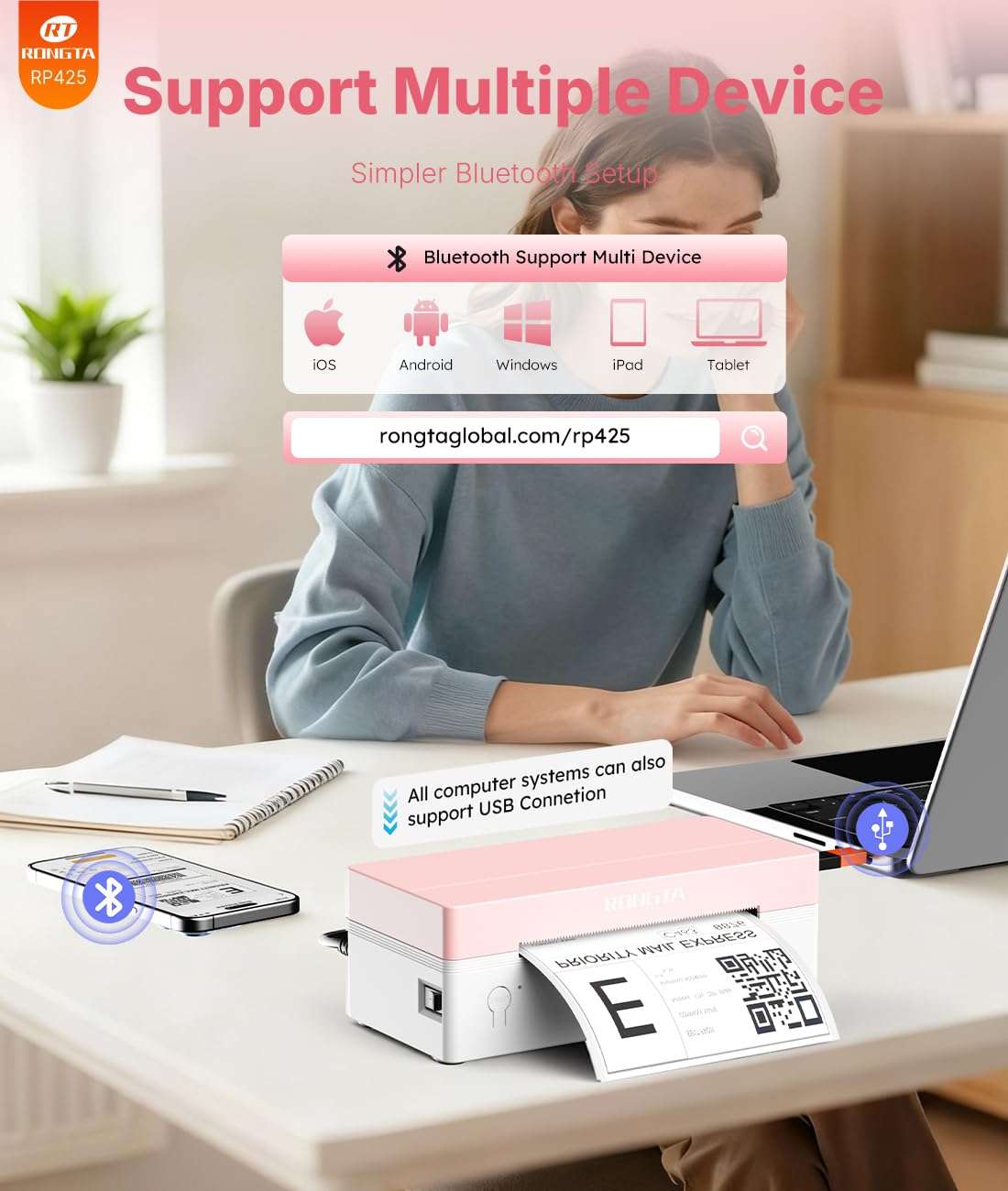 Rongta 4x6 Bluetooth Thermal Label Printer, Wireless Shipping Label Printers for Shipping Packages Small Business Office or Home, Compatible with iPhone Android iPad macOS Windows, Pink 3