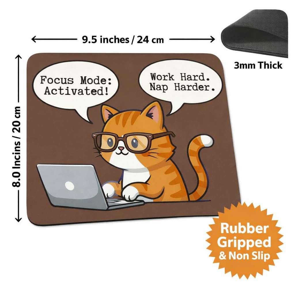 Funny Cat Mouse Pad with Focus Mode Activated Quote, Brown, Non-Slip Rubber Base, 3mm Cushioned Support, Office and Home Desk Accessory 5