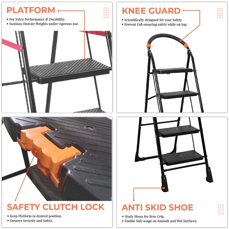 TNT THE NEXT TREND Ladder for Home use Heavy Duty Steel with Wide Steps and Top Platform with Anti Slip and Anti Skid Shoes can be Used as Step Stool in Office and Industrial Purpose (Black) (2 Step) 5