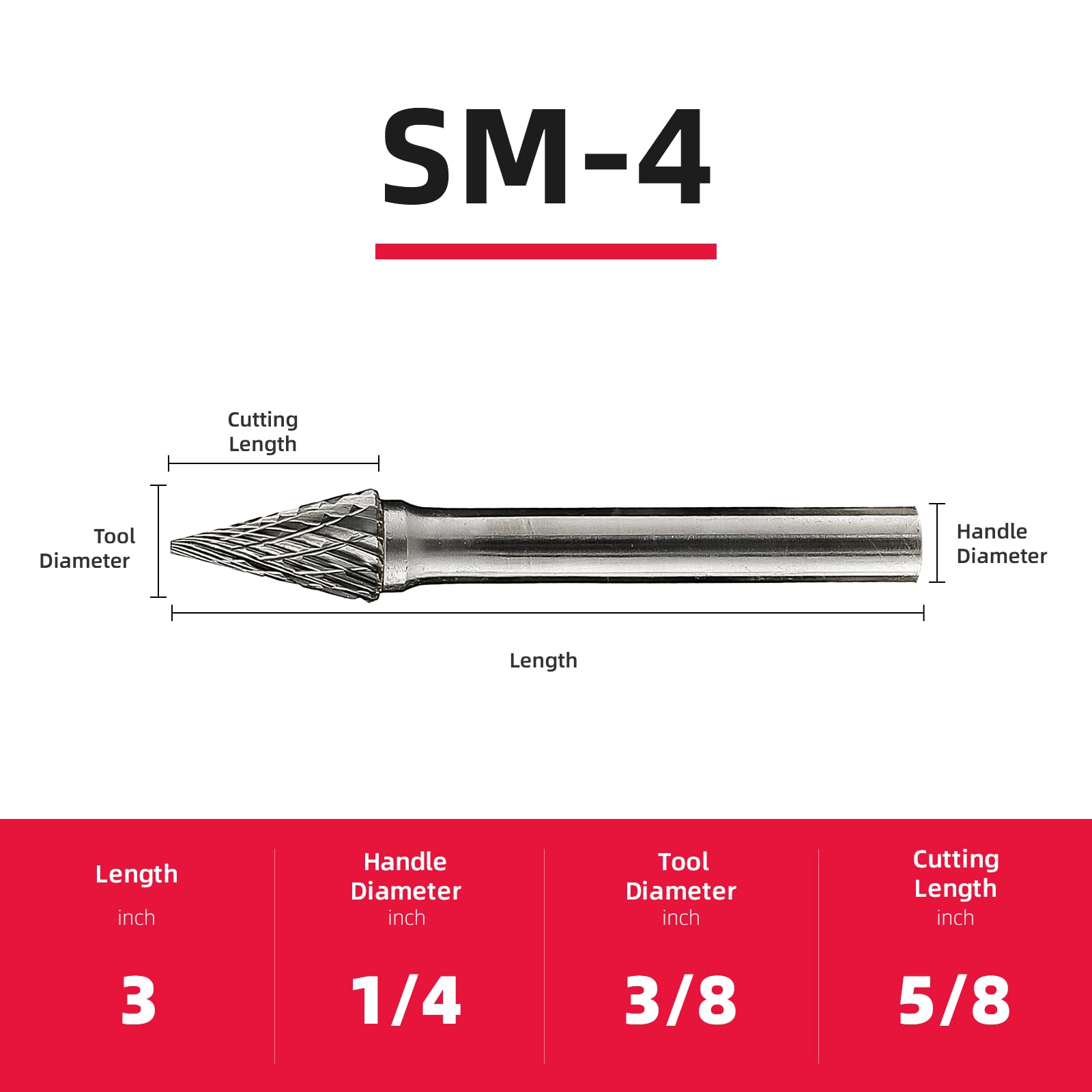 SM-4 Carbide Burr/Rotary File Cone Pointed End Double Cut for Die Grinder (3/8’ Cutter Diameter, 5/8’ Cutter Length) with 1/4’ (6.35mm) Shank Diameter，DRINYOUNG (SM-4) 3