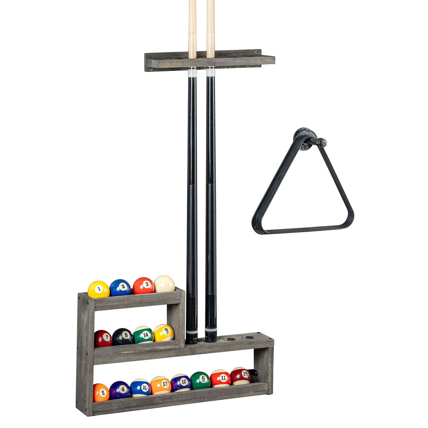 MyGift Vintage Weathered Gray Solid Wood Pool Cue Holder and Ball Storage with Pipe Hanging Hook for Triangle Rack, Wall Mounted Billiards Organizer Set 1