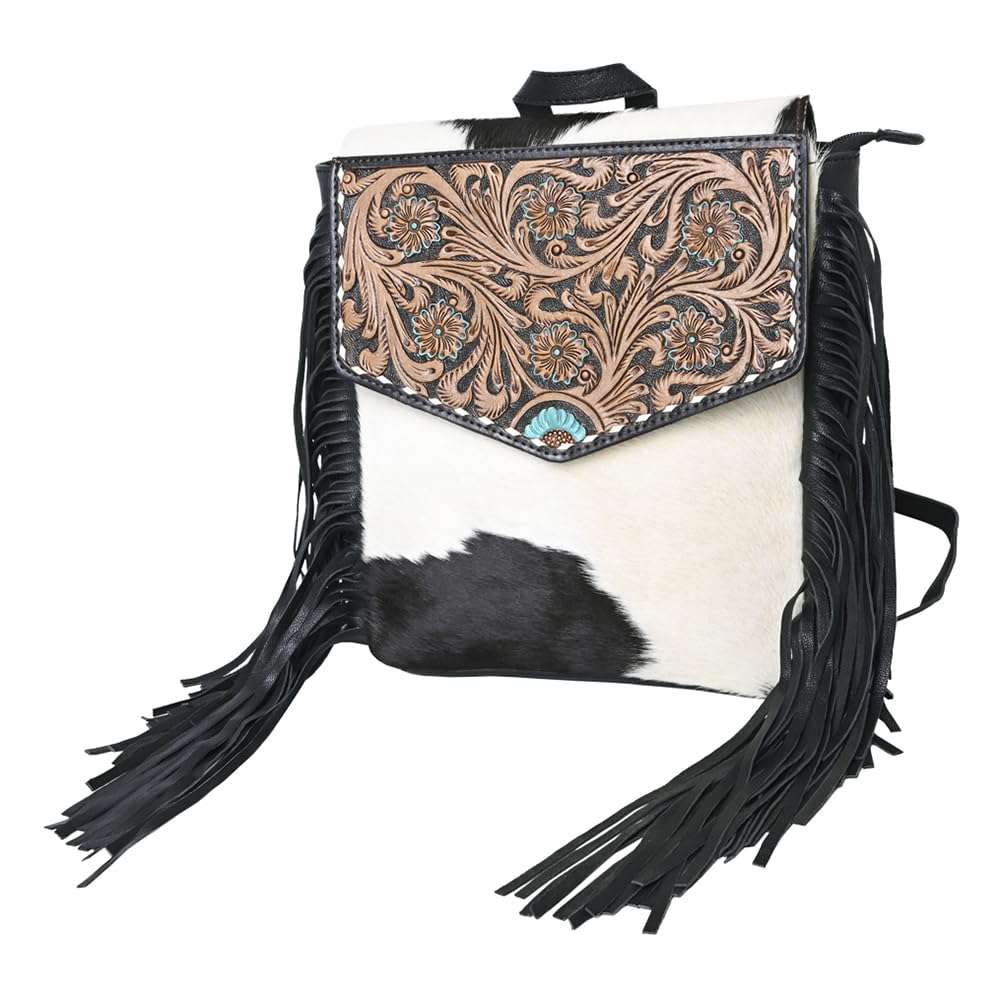 OHLAY Backpack Hand Tooled Upcycled Canvas Hair-On Genuine Leather Women Bag Western Handbag Purse | Womens Western Handbags | Leather Belt Bag for Women | Womens Handbags Summer 1