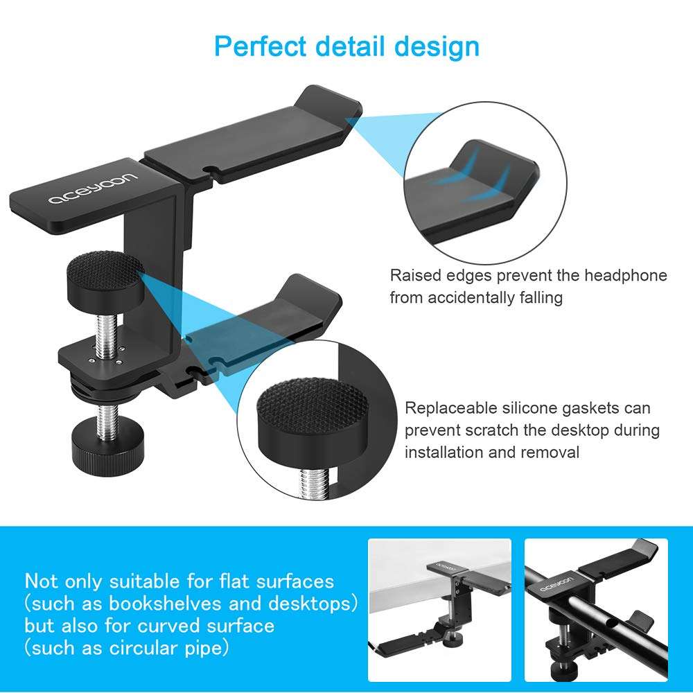 aceyoon Dual Headphone Hanger Holder Clamp Hook,360 Degree Rotating Headset Stand with Cable Organizer Under Desk,Aluminum Black Universal for Hanging Bag PC Gaming Accessories 5
