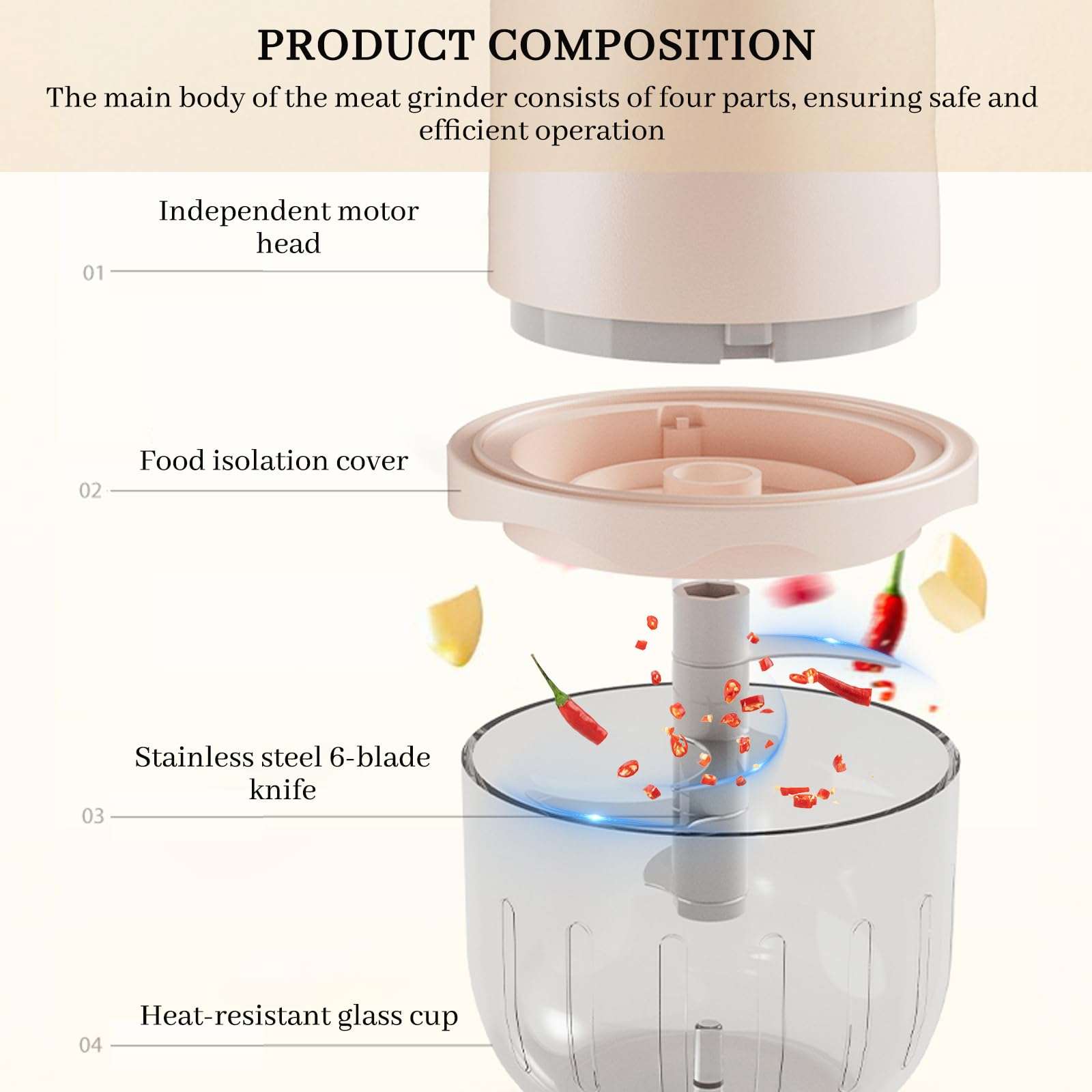 Food Processor, 350ML High-Capacity High Boron Glass Garlic Blender,Electric Food Chopper for Fruits, Meats,Vegetables,Nuts,Meat Grinder & Vegetable Chopper for Kitchen (Pink) 5