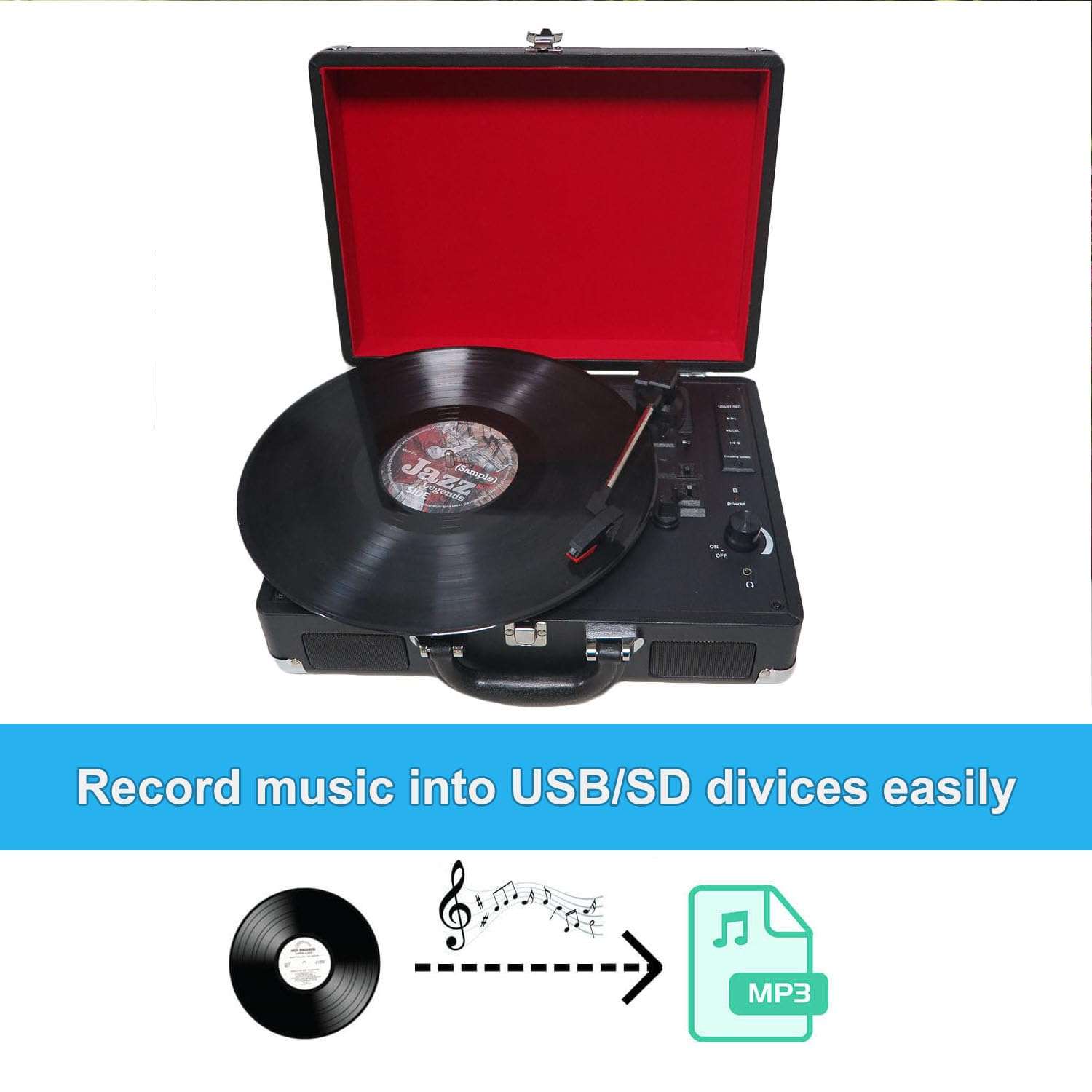 Portable Record Player for Vinyl with Speakers,Suitcase Turntable Supports Line Out,AUX in, Earphone Jack,Replacement Needle,3-Speed,Dust Cover 5