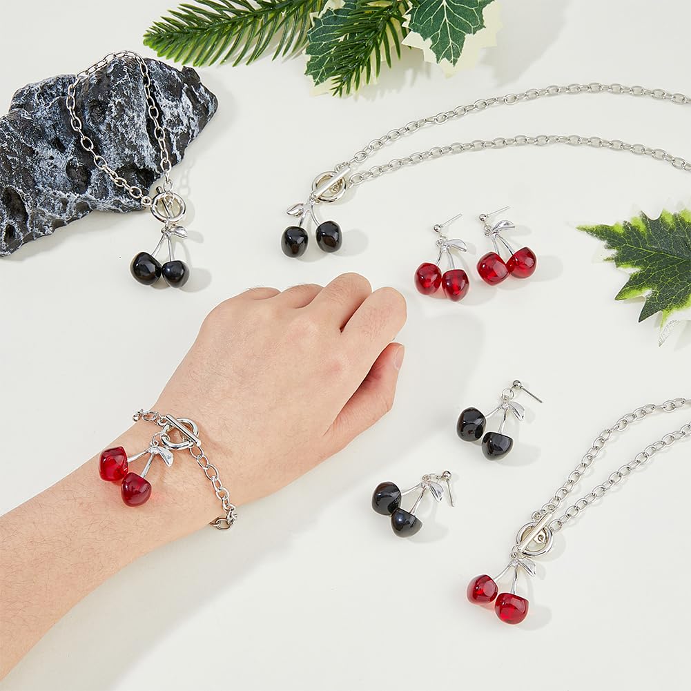 UNICRAFTALE 8Pcs 2 Colors Cherry Jewelry Set Cherry Necklace Bracelet Fruit Dangle Stud Earrings Fashion Cherry Pendant Necklace Food Drop Earring Red Cherry Chain Bracelets Birthday Wedding 4
