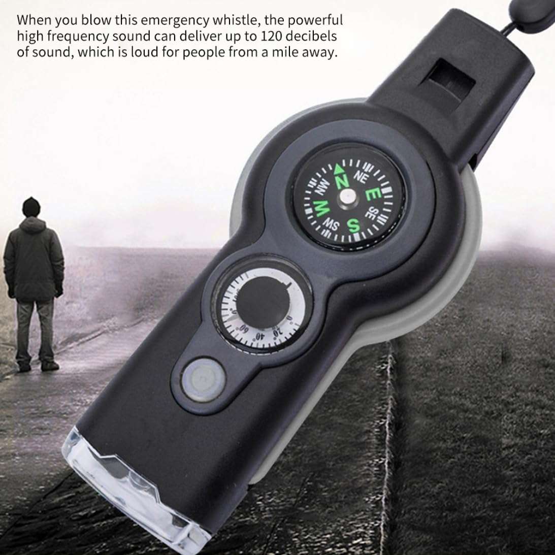 Emergency Whistle 7-in-1 Camping Safety Whistle with Compass Thermometer Light Magnifier Mirror for Emergency Gray. 5