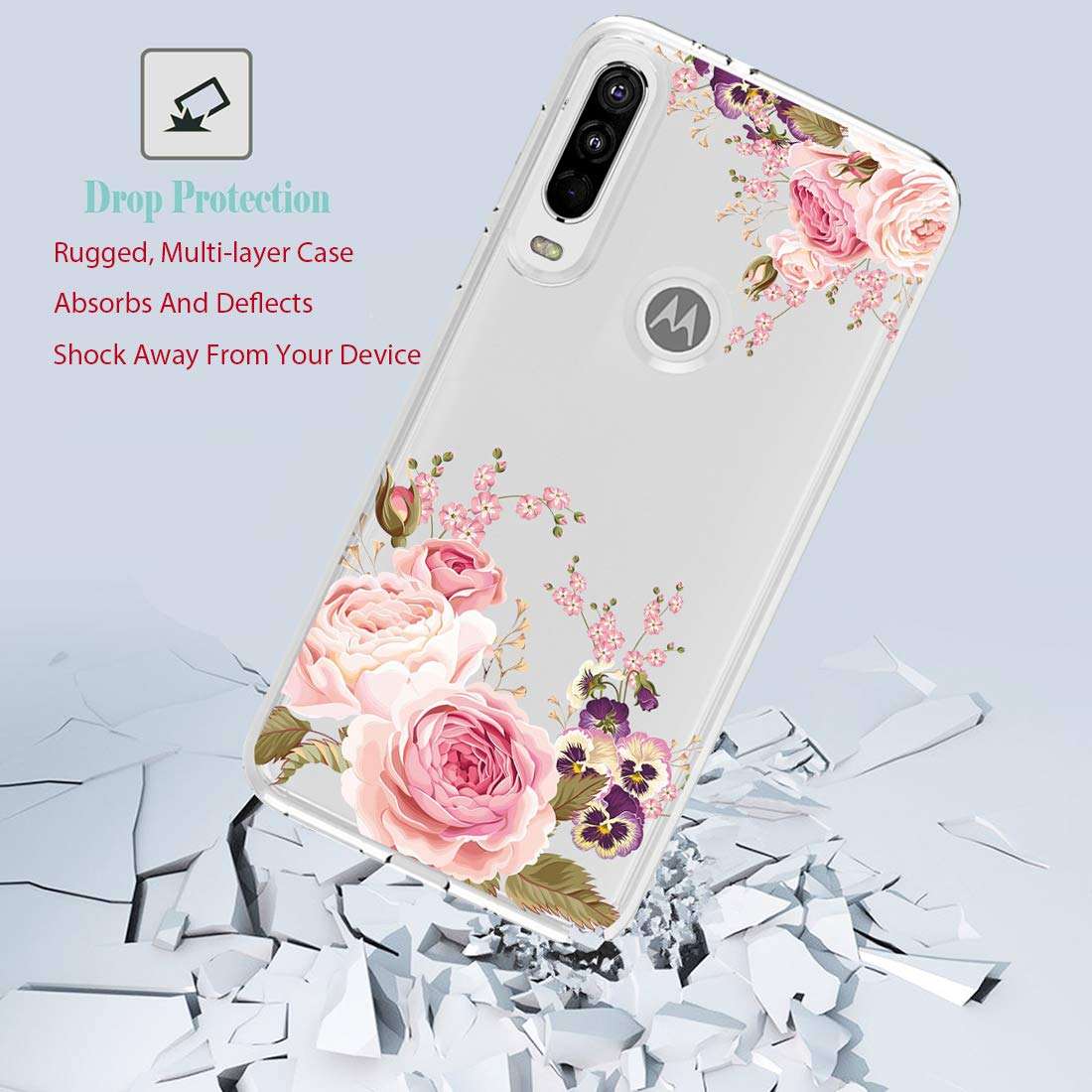 Ueokeird Case for Motorola One Action,Moto P40 Power Case, Slim Shockproof Clear Soft Flexible TPU Back Floral Phone Protective Case Cover for Motorola Moto P40 (Rose Flower) 6