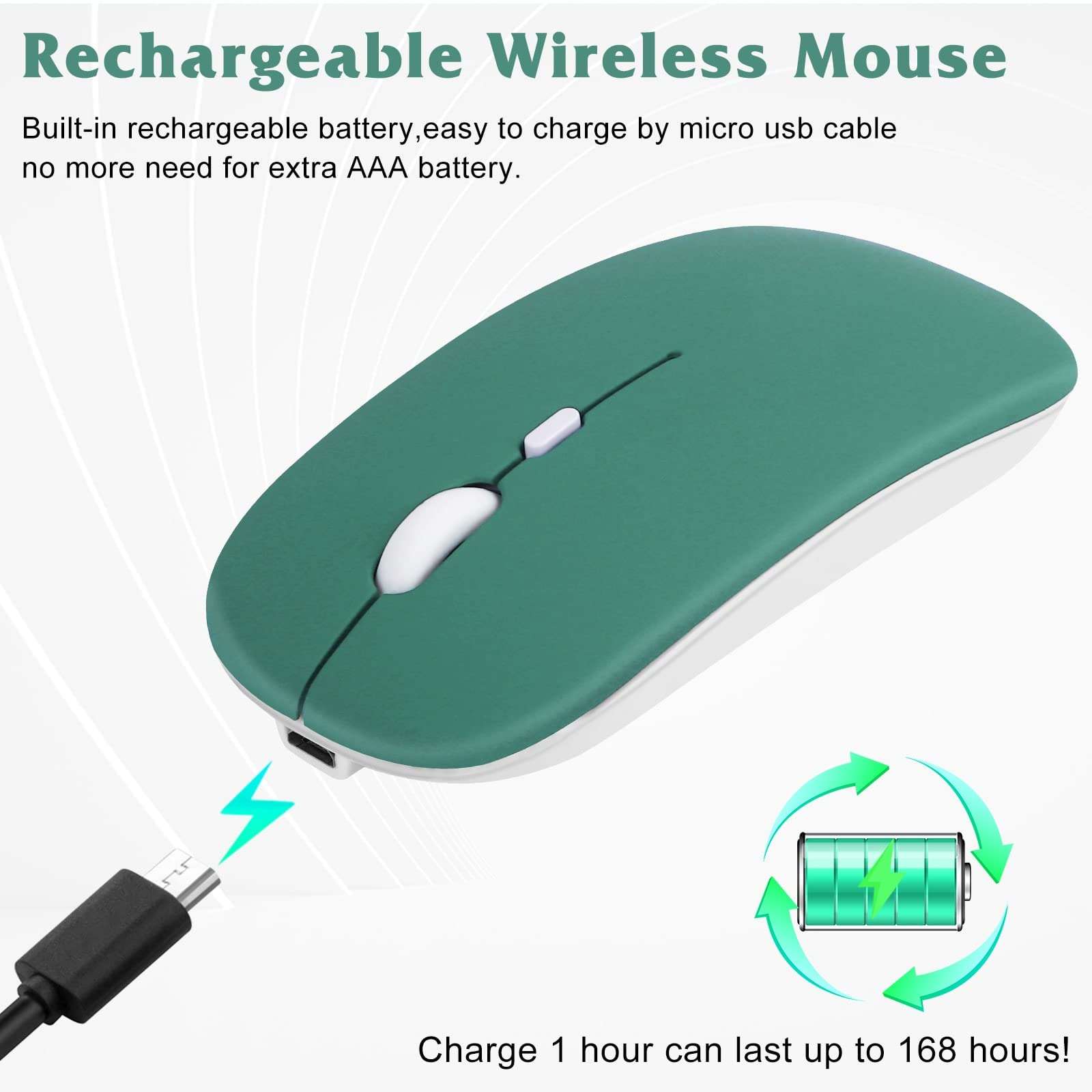Rechargeable Bluetooth Keyboard and Mouse Combo Ultra Slim Full-Size Keyboard and Ergonomic Mouse for Ulefone Note 10 and All Bluetooth Enabled Mac/Tablet/iPad/PC/Laptop - Jade Green 5